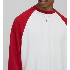 T-shirt à manches longues raglan pour homme, blanc et rouge contrasté, en coton tricoté, col rond, coupe décontractée, t-shirts décontractés - Product Image 3