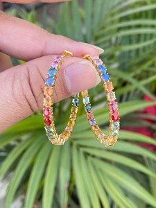 14K Gold Rhodium Plated Luxury Multi Sapphire Hoop Earrings for Wedding & Gift OEM ODM Wholesale Supplier - Product Image 2