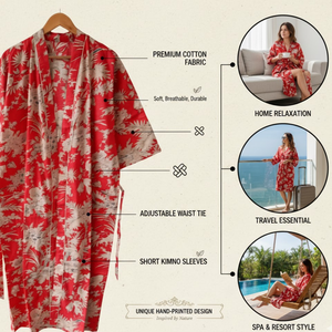 ชุดกิโมโนผ้าฝ้ายลายดอกสีแดง คอวี แขนยาว มีกระเป๋าผูกเชือก ชุดนอนสำหรับผู้หญิง ชุดลำลองพรีเมียม Maria Garments - Product Image 6