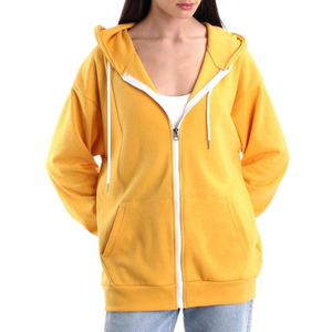 Women Yellow Zip Up <b>Hoodie</b> <b>Fleece</b> Hooded Sweatshirt Drop Shoulder Kangaroo Pocket Solid Casual 400 GSM - Product Image 1