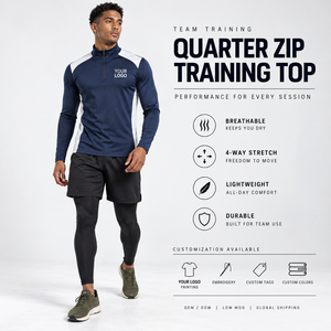 Men's Quarter <b>Zip</b> Training Top Regular Fit Breathable Quick Dry 100% Cotton Sporty Front Logo Stand Collar Eco-Friendly Pocket - Product Image 4