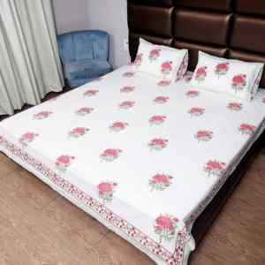 Drap de lit double en pur coton imprimé floral Jardin de roses roses romantiques avec 2 taies d'oreiller et bordure décorative blanche pour chambre à coucher - Product Image 3