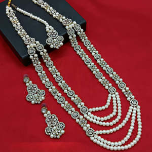 Gold Plated Fashion Jewelry <b>Set</b> Austrian Stone & <b>Pearl</b> Long <b>Necklace</b>-DMT25 WHITE - Product Image 1