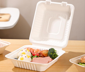Compostable Waterproof <b>Heavy</b>-<b>Duty</b> Clamshell Food Containers 8x8 Inch White Hinged Takeout <b>Boxes</b> Made From Sugarcane Plant - Product Image 4
