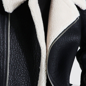 Premium Black Shearling Leather Bomber <b>Jacket</b> Men Vintage Warm Winter Aviator Faux <b>Fur</b> Coat OEM Streetwear Fashion - Product Image 3
