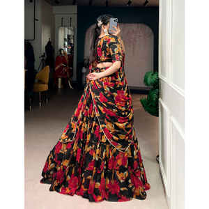 ชุดเลเฮนกาโชลีผ้าฝ้ายพรีเมียมพิมพ์ลายดิจิทัลสีดำสำหรับเด็กผู้หญิง คอลเลคชั่นงานแต่งงานและงานปาร์ตี้ - Product Image 3