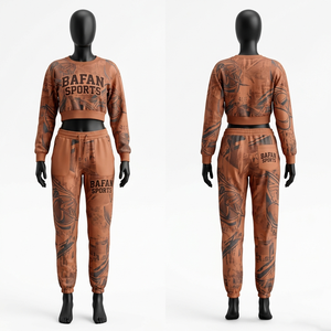 Conjunto de Top Corto y Pantalones Deportivos Estampados para Mujer, Mezcla de Poliéster Premium de 280 GSM, Estampado Sublimado Marrón, Conjuntos Femeninos - Product Image 1