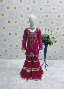 Kids Designer Pink Sharara Set with Heavy Embroidered <b>Kurti</b> – Girls Ethnic Wedding Party Wear Outfit - Product Image 4