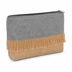 Pochette de toilette en toile de jute grise à franges, 225 GSM, en coton recyclé laminé, avec fermeture éclair, 28x16x5 cm, logo personnalisé, commandes en gros - Product Image 3