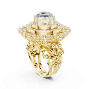 Bague de fiançailles et de mariage pour femme en or jaune avec grand diamant rond et halo, motif floral en spirale - Product Image 1