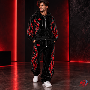 Ensemble de survêtement OEM Noir Ruby Flame Velour Velours avec strass et cristaux, 95% Coton 5% Élasthanne, comprenant un sweat à capuche et un pantalon, personnalisable - Product Image 3