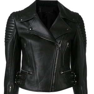 Women's Genuine Leather Moto <b>Jacket</b> Black Zipper Closure Spread Collar Full <b>Sleeve</b> <b>Short</b> Length Autumn Style - Product Image 4