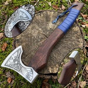 Hand forged steel tomahawk Custom engraved blade design Survival hatchet with wood <b>handle</b> Blue wrap outdoor <b>axe</b> - Product Image 6