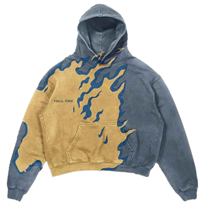 เสื้อฮู้ดดี้ปักลายเปลวไฟแบบกำหนดเองสำหรับผู้ชาย สีเทาฟอกกรด พร้อมงานปักสไตล์สตรีทแวร์ ทรงหลวม ผ้าฟลีซหนา 400GSM - Product Image 1