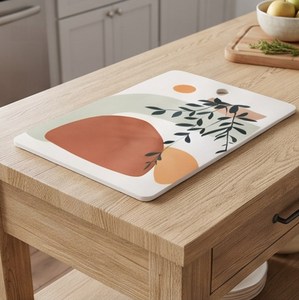Elegante Tabla de Cortar Rectangular de Vidrio Templado con Diseño Abstracto de Hojas Botánicas en Terracota - Product Image 4