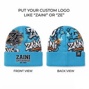 <b>Men</b> Beanie Cap Premium Acrylic Knit 220 GSM Warm Stretch Fit Blue Graffiti Print Cuffed <b>Winter</b> <b>Hat</b> Custom Embroidery - Product Image 1