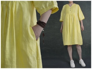 Robe midi en lin à manches bouffantes, col en V, plissée, fluide, printemps-été, vêtements pour femmes - Product Image 2