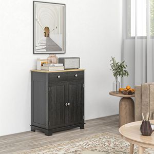 Credenza Nera con Piano in Legno Massello e Ripiano Regolabile, 2 Cassetti per Cucina, Angolo Caffè, Soggiorno - Product Image 2