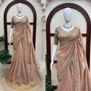 Sari en tissu premium Salsa Crush avec broderie complexe de fils et de paillettes et chemisier non cousu de créateur par Royal Export - Product Image 6