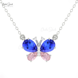 Collier inspiré de la dernière tendance, avec pierres Tanzanite et Morganite rose taille poire 7x5mm, et pendentif papillon en or massif 14 carats serti de diamants - Product Image 2