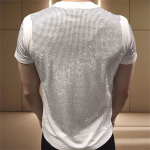 Camiseta de hombre con brillantina y pedrería, de poliéster y algodón, tejida, transpirable, de secado rápido, informal, estilo urbano. - Product Image 6