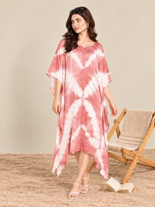 Robe Bohème Tie-Dye d'Été Mi-Longue à Ourlet Asymétrique et Manches Chauve-Souris Ample en Viscose – Parfaite pour la Plage - Product Image 1