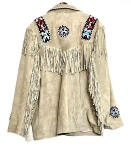 Mens Vintage Suede Leather <b>Fringe</b> <b>Jacket</b> with Braided Bead Details Western Cowboy Style - Product Image 2