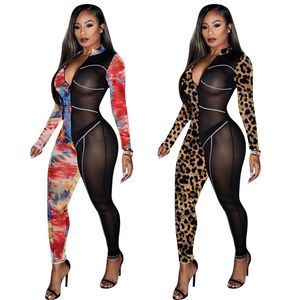 Combinaison transparente à manches longues pour femme, taille haute, coupe ajustée, col en V, imprimé tie-dye, tenue de club, en Spandex et Polyester, Printemps-Été - Product Image 1