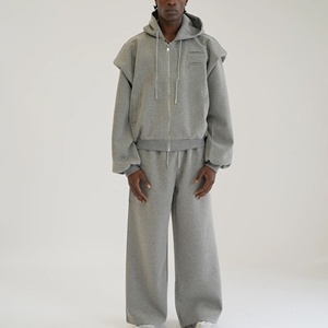 Ensemble de survêtement décontracté pour homme, gris, à capuche, avec fermeture éclair, manches longues, couleur unie, en coton, coupe régulière, pour l'hiver, grande taille - Product Image 3