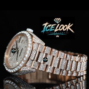 Reloj Mecánico con Aspecto de Hielo en Tono Oro Rosa, Incrustaciones de Diamantes, Esfera con Números Romanos, Brazalete de Eslabones, Reloj de Pulsera Elegante - Product Image 2