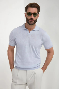 T-shirt en maille bleu clair pour homme, manches courtes, couleur unie, coupe classique, décontracté, respirant, anti-boulochage, 180g, marque personnalisée, 100% coton - Product Image 3