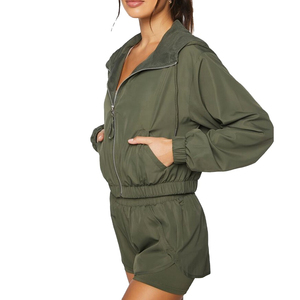 Conjunto Deportivo de Dos Piezas para Mujer, Color Verde Oliva, con Capucha y Cremallera, Manga Larga, Tejido Transpirable, Estilo Primavera-Verano - Product Image 5