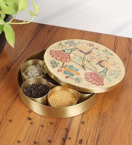 Brass Masala <b>Box</b> Spice Storage Container Decorative Metal Lid 7 Compartment Kitchen Organizer <b>Vintage</b> Design Handcrafted - Product Image 1