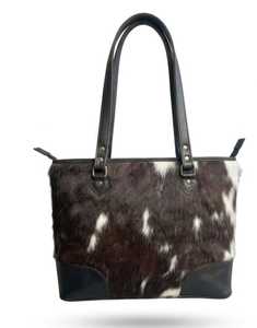 Women Real <b>Fur</b> Animal Print Tote <b>Bag</b> <b>Black</b> Trim Casual Shoulder Handbag Daily Use Stylish Design - Product Image 1