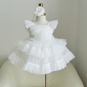 166 Girls White Princess Dress Lace Bodice Flutter Sleeves Tiered Ruffle Tulle Skirt Back Bow <b>Hair</b> <b>Clip</b> Soft by Nhung Nguyen - Product Image 1