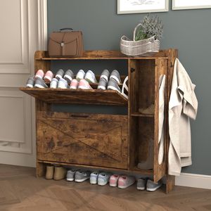 Rustic Freestanding Entryway Shoe <b>Storage</b> Cabinet with <b>2</b> Flip <b>Drawers</b> Narrow Metal Leg Organizer Rack - Product Image 5