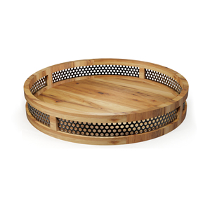 Plateau de service décoratif rond en bois massif avec bord en maille métallique, plateau de présentation pour table basse ou ottoman - Product Image 1
