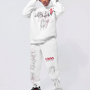 Ensemble de survêtement blanc à capuche pour homme, motif lettres imprimées, streetwear, pantalon de jogging, manches longues, coupe ample, automne, logo 1999 - Product Image 1