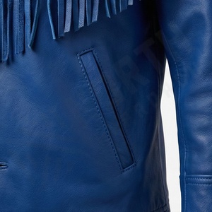 Veste en cuir véritable bleu premium pour homme avec franges, épaules et dos brodés, style motard, personnalisation OEM disponible - Product Image 2