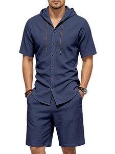 Men Solid Color Breathable Knitted Polyester/Cotton Hooded Short Sleeve Shirt Set Button-Up Top Elastic Waist Shorts Casual - Product Image 3