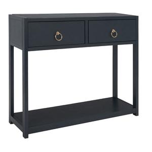 Mesa Consola Azul Marino con Espejo, 2 Cajones, Tiradores de Anillo, Estante Inferior Abierto, Diseño Moderno Rústico para Entrada y Uso en Hoteles - Product Image 3