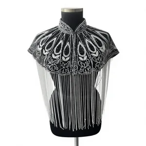Capa Negra Bordada con Borlas y Diseño Floral, Chal de Poliéster para la Noche, Chandni Export House India - Product Image 1