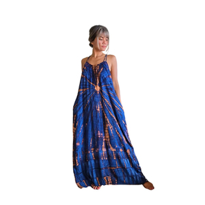 ชุดเดรสยาวผ้าเรยอนสีน้ำเงินลายมัดย้อมสำหรับผู้หญิง ทรงธรรมชาติ ไร้แขน น้ำหนักเบา สายเดี่ยว คอแบบสปาเก็ตตี้ สไตล์โบฮีเมียนลำลอง - Product Image 1