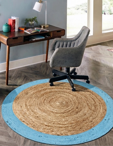 Tapis rond en jute naturel avec bordure bleu ciel, tapis tressé fait main pour salon et chambre à coucher - Product Image 1