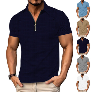 Modern Zipper Casual <b>Neck</b> <b>Polo</b> Gray Plaid Short Sleeve <b>Polo</b> Shirt Casual Zipper Button Collar <b>Top</b> - Product Image 3