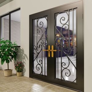 Portes d'entrée en fer forgé pour la maison, porte d'entrée en acier et verre sur mesure, design extérieur moderne et décoratif pour villa résidentielle - Product Image 3