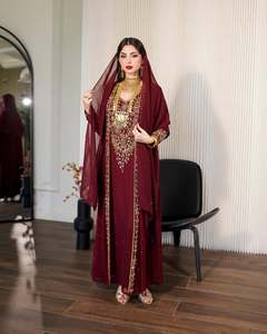 ชุดอาบายะห์ผ้าออร์แกนซ่าโพลีเอสเตอร์ปักลายสีแดงเลือดนกสำหรับผู้หญิง คอรูปหัวใจ แขนยาว ยาวถึงพื้น ยืดหยุ่นได้ สไตล์เรียบร้อย - Product Image 3