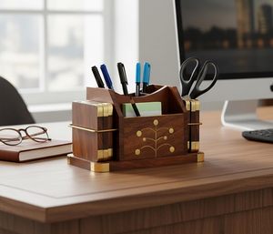 Handcrafted Wooden Desk Organizer with Brass Accents Multi Compartment Office <b>Stationery</b> <b>Holder</b> Pen Pencil Scissor Letter Note - Product Image 6