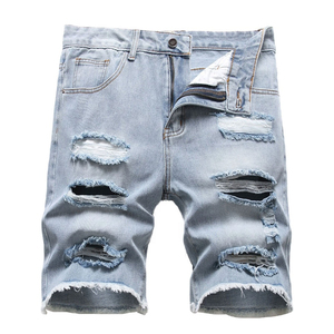 Shorts de Mezclilla Azul Claro para Hombre, Corte Desgastado, Cintura Media, Estilo Casual de Verano, Tejido de Tela - Product Image 1