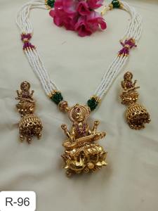 Joyería de Templo del Sur de la India, Colgante de Latón de Saraswati, Conjunto de Collar Mala de Perlas, Pendientes Jhumka, Chapado en Oro Antiguo, para Bodas y Fiestas - Product Image 2